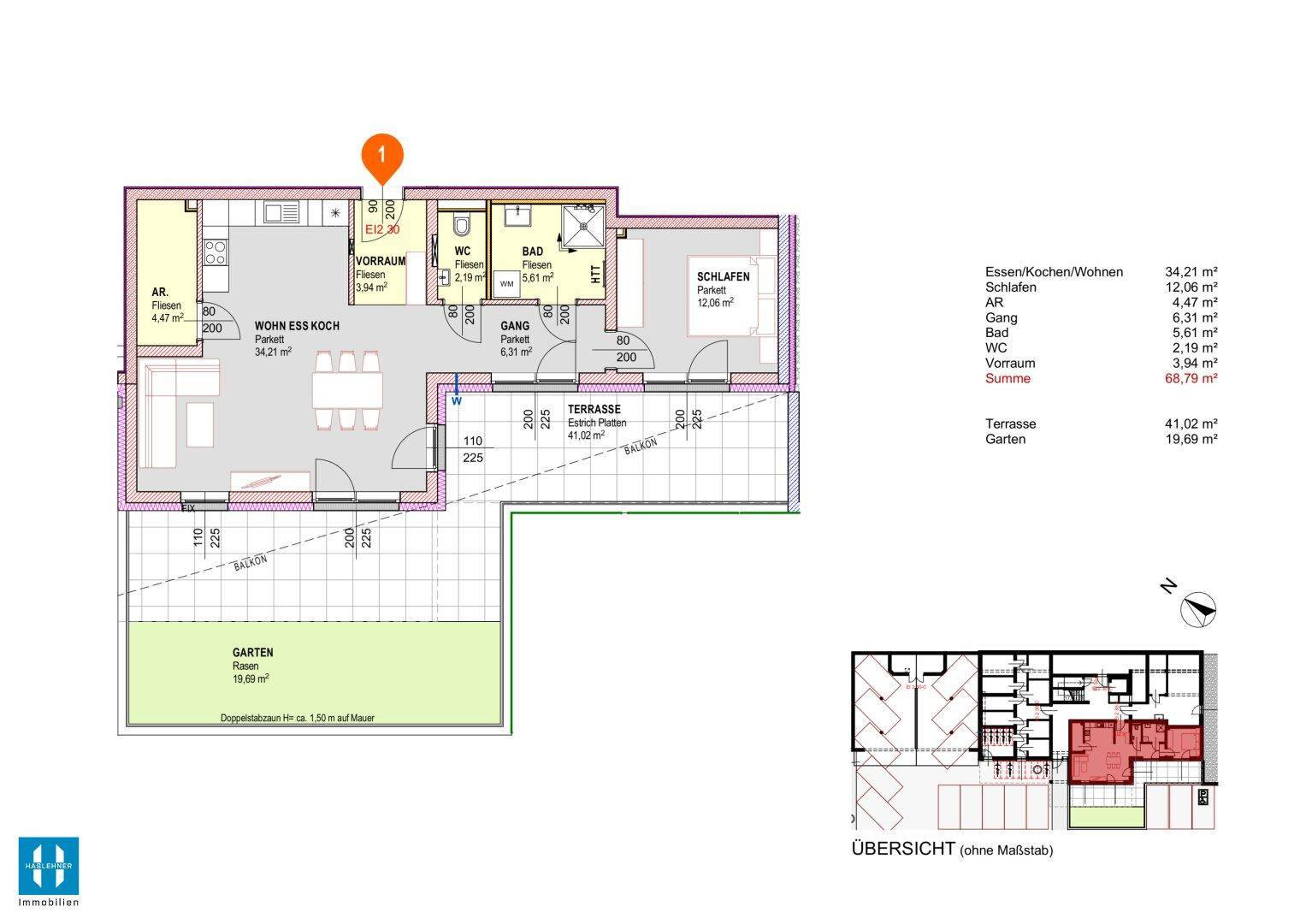 Detaillierter Grundriss einer Wohnung mit offener Wohnküche, Terrasse und Gartenanteil.