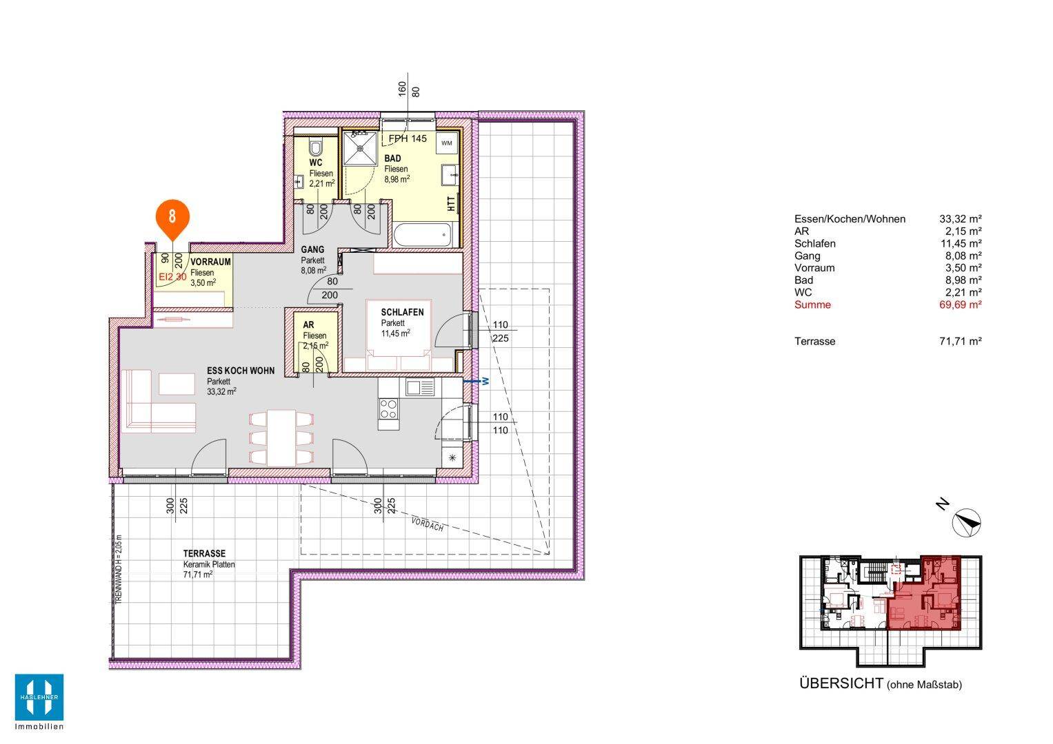 Grundriss einer Dachgeschosswohnung mit großer Terrasse und offenem Wohnbereich, ideal für sonnige Tage.