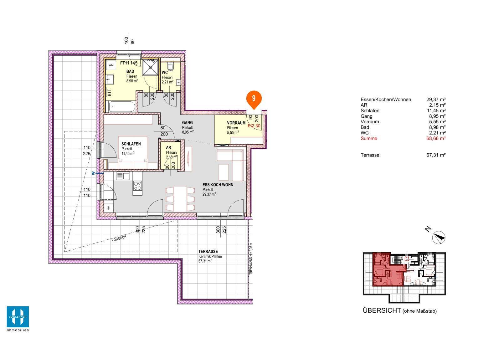 Grundriss einer Dachgeschosswohnung mit großer Terrasse und offenem Wohnbereich, inklusive Schlafzimmer.