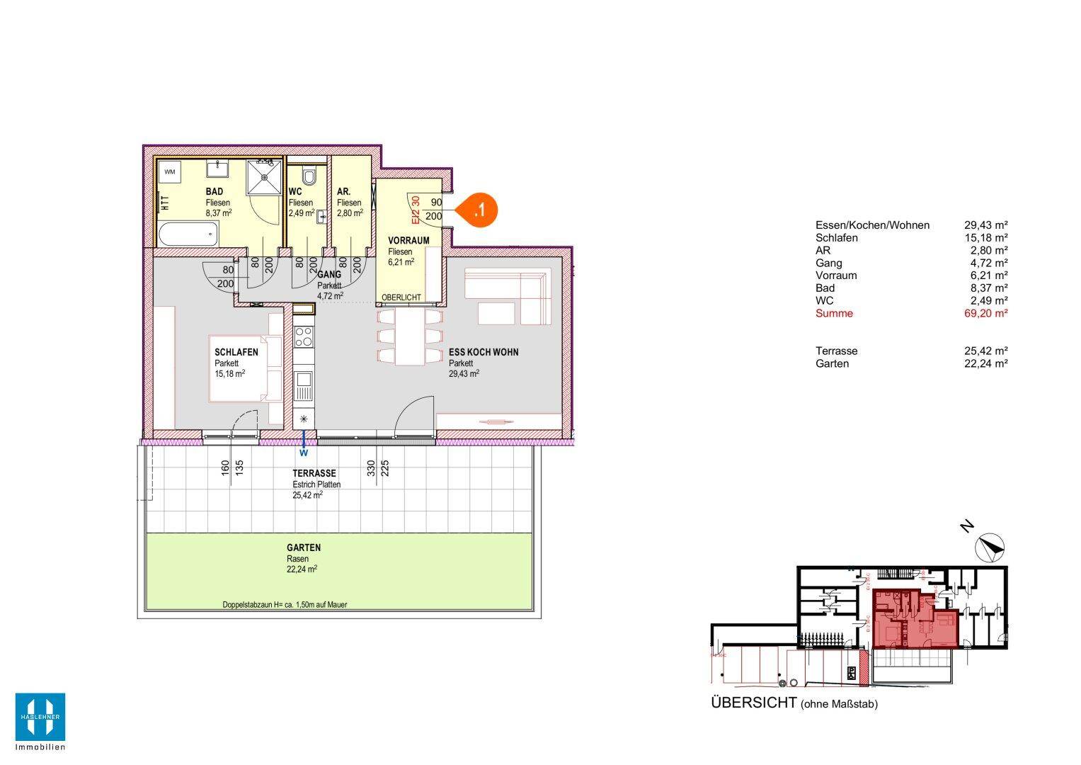 Grundriss einer Erdgeschosswohnung mit großer Terrasse und eigenem Gartenanteil sowie offenem Wohnbereich.