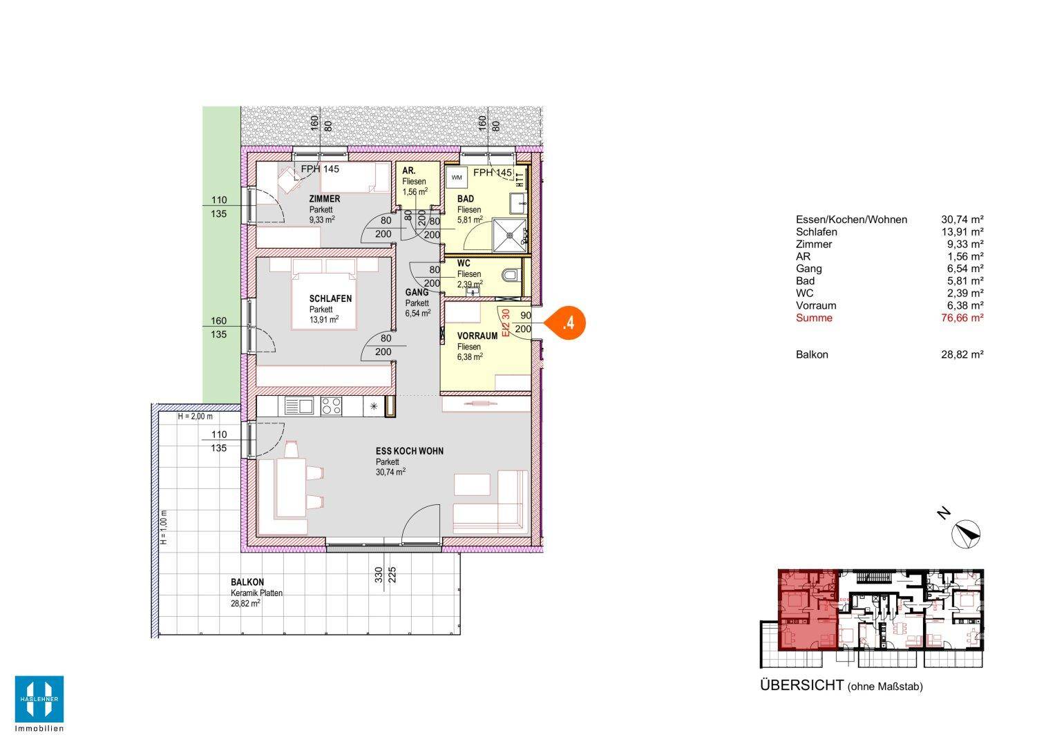 Grundriss einer Obergeschosswohnung mit großem Balkon und offenem Wohnbereich, ideal für Paare.