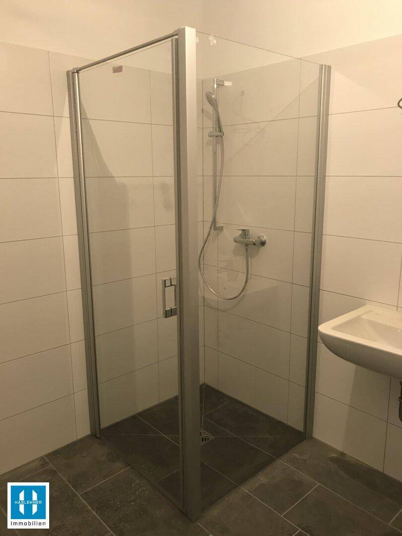 Modernes Badezimmer mit Duschkabine, weißen Fliesen und dunklem Boden.