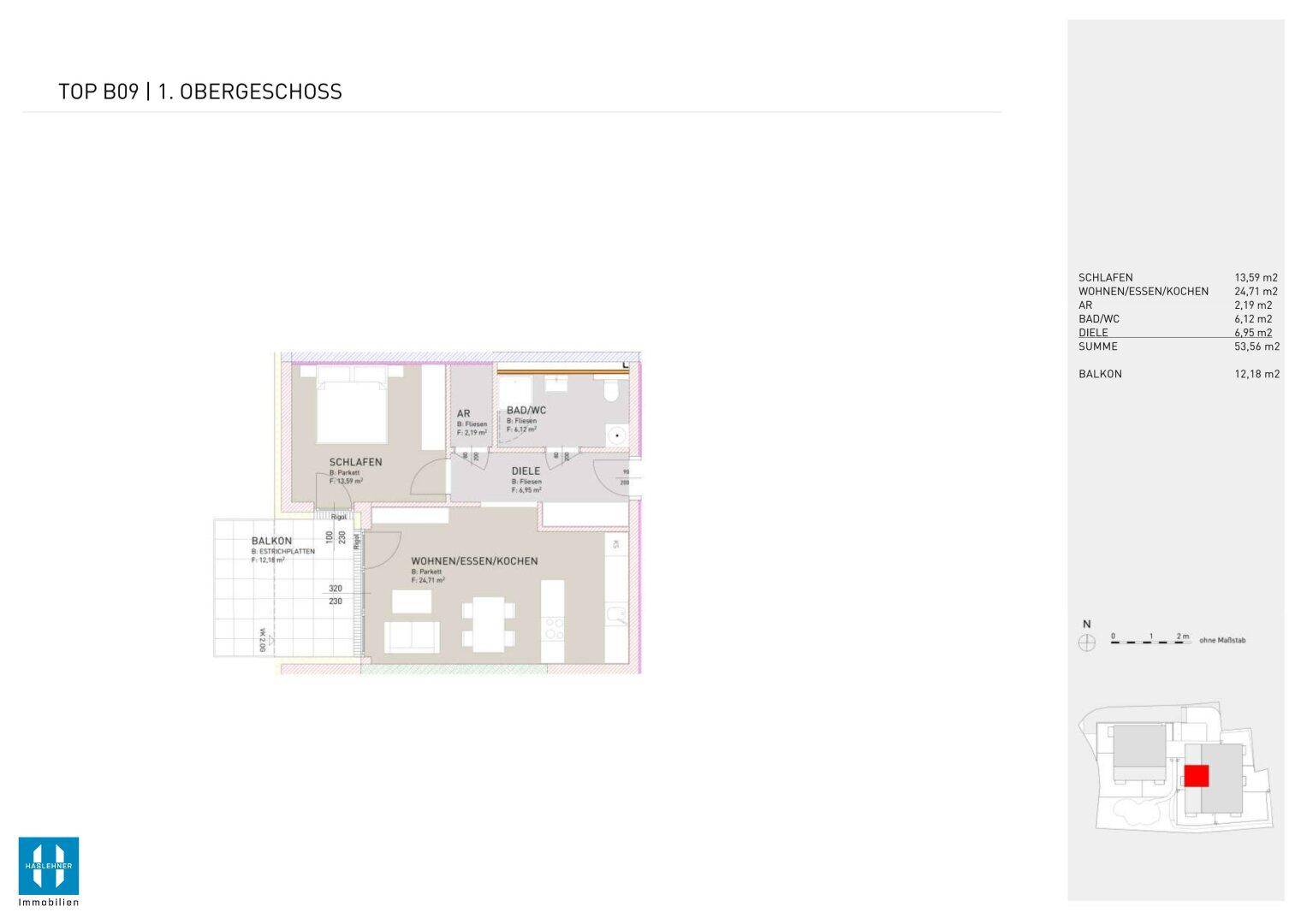 Grundriss einer Wohnung im ersten Obergeschoss mit Balkon und offenem Wohn-/Essbereich.