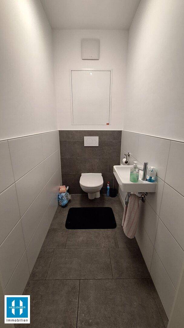 Modernes Gäste-WC mit Wand-WC, kleinem Waschbecken und grauen Fliesen.