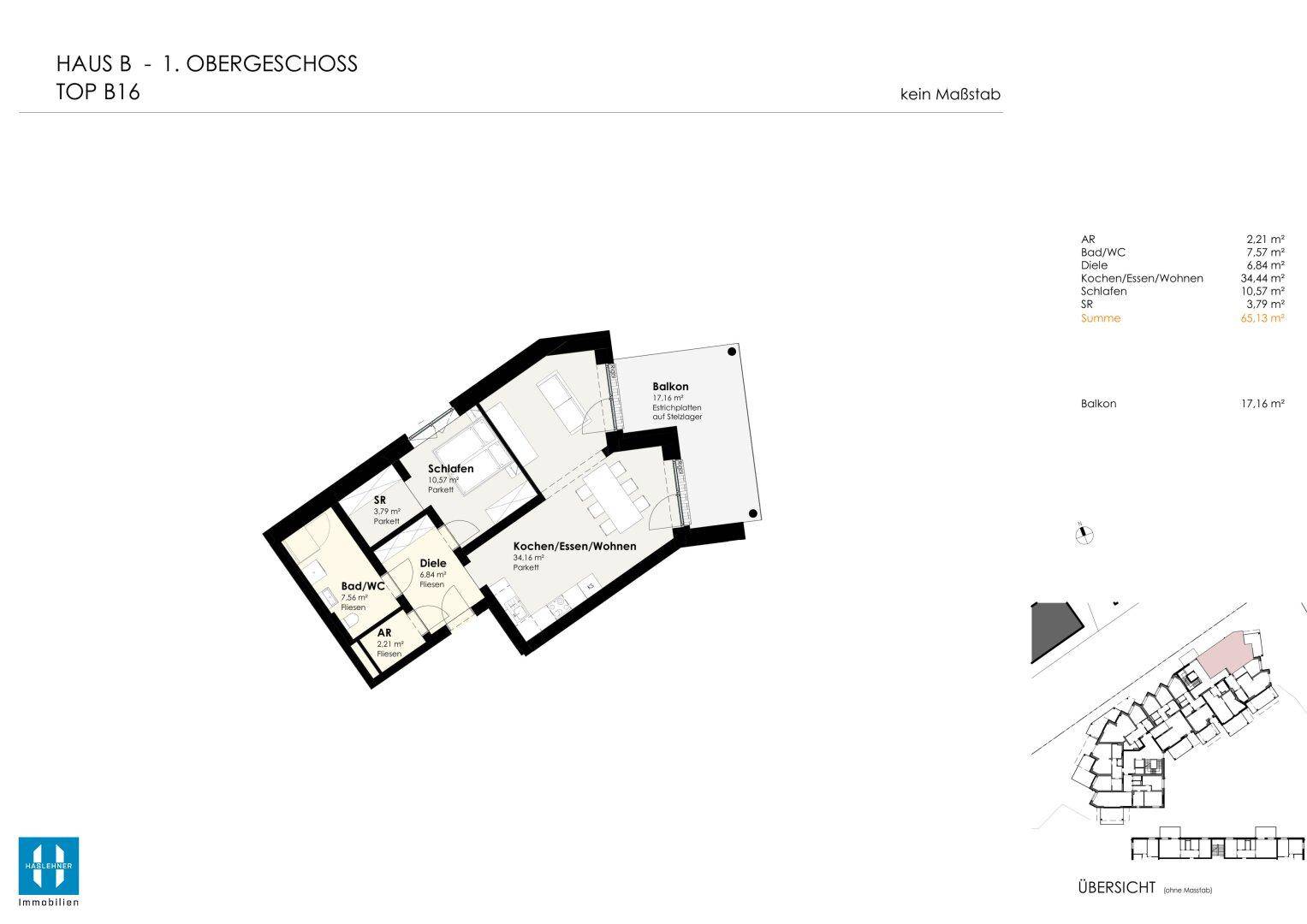 Grundriss des 1. Obergeschosses, Top B16, mit Balkon und offenem Wohnbereich.