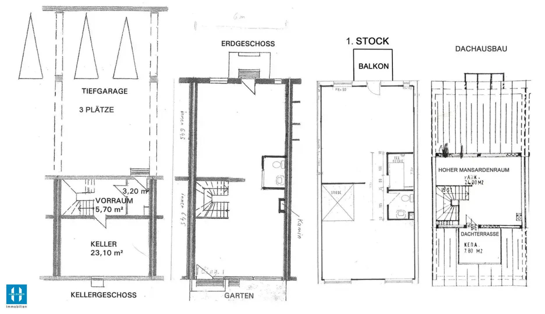Detaillierter Grundrissplan über mehrere Etagen mit Tiefgarage, Keller, Garten, Balkon und Dachterrasse.