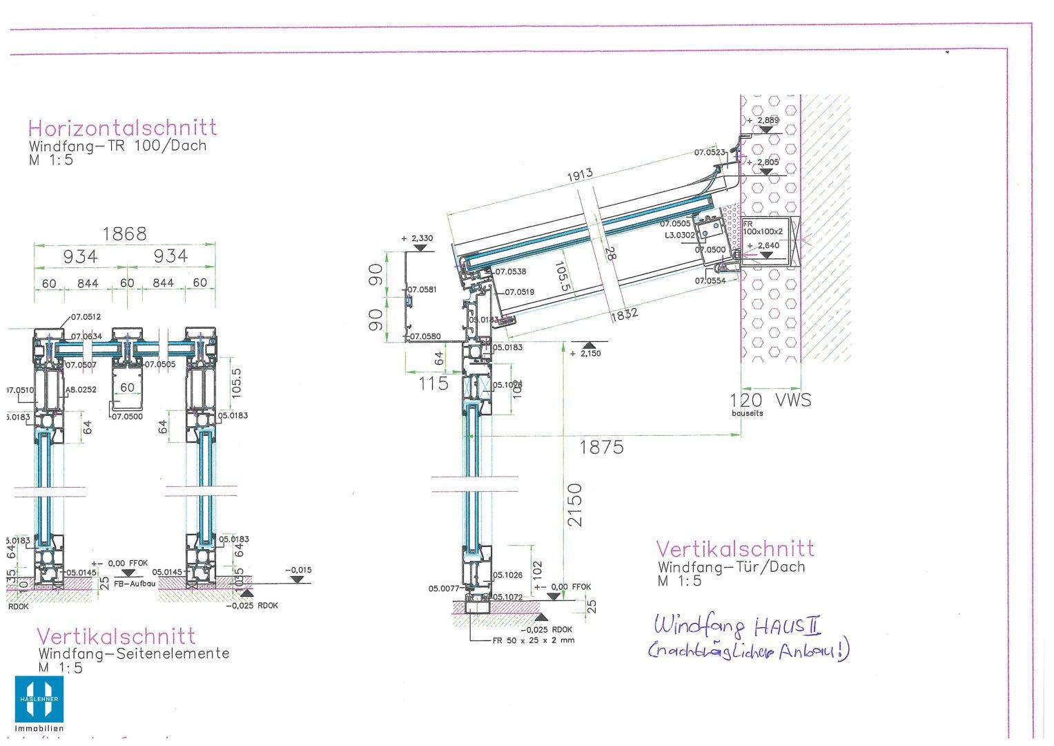 Technischer Schnittplan eines Windfangs und Dachdetails mit Maßangaben.