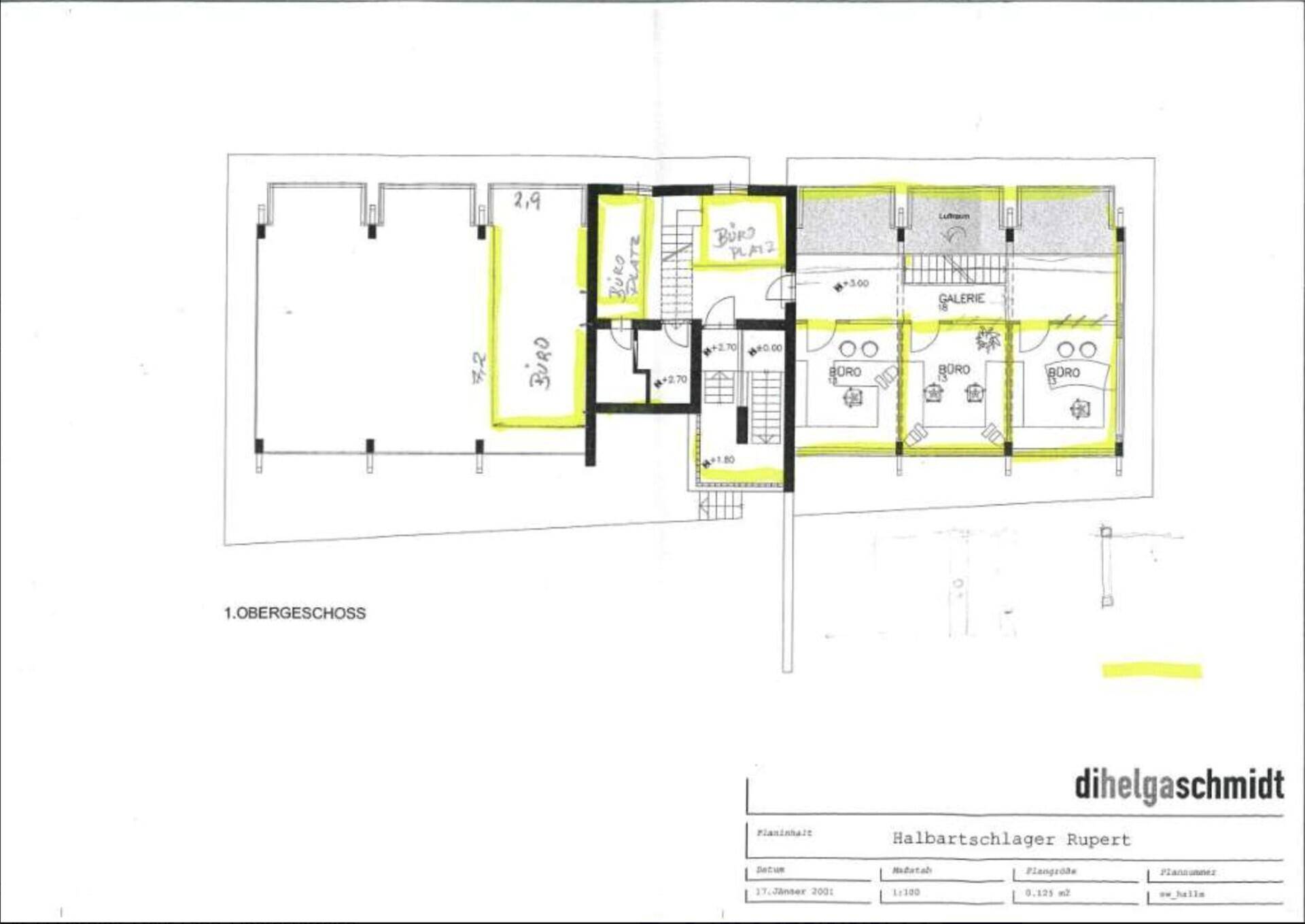 Grundriss des ersten Obergeschosses mit Büros und Galeriebereichen.