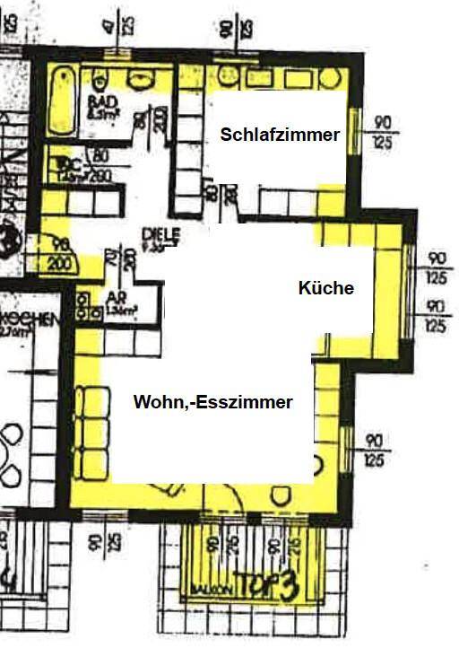 Grundriss der Wohnung mit Wohn-, Esszimmer, Küche, Schlafzimmer und Balkon.