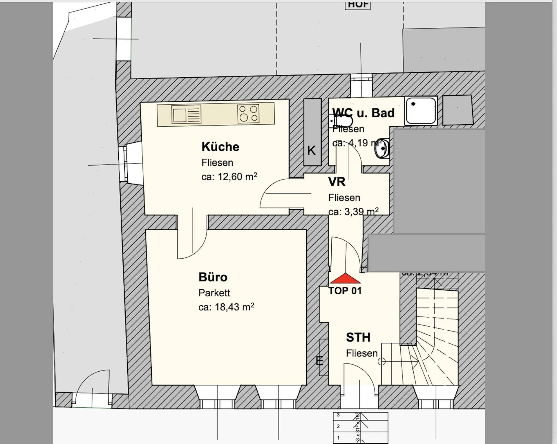 Grundriss zeigt eine Küche, ein Büro, ein Bad mit WC und einen Vorraum mit Flächenangaben.