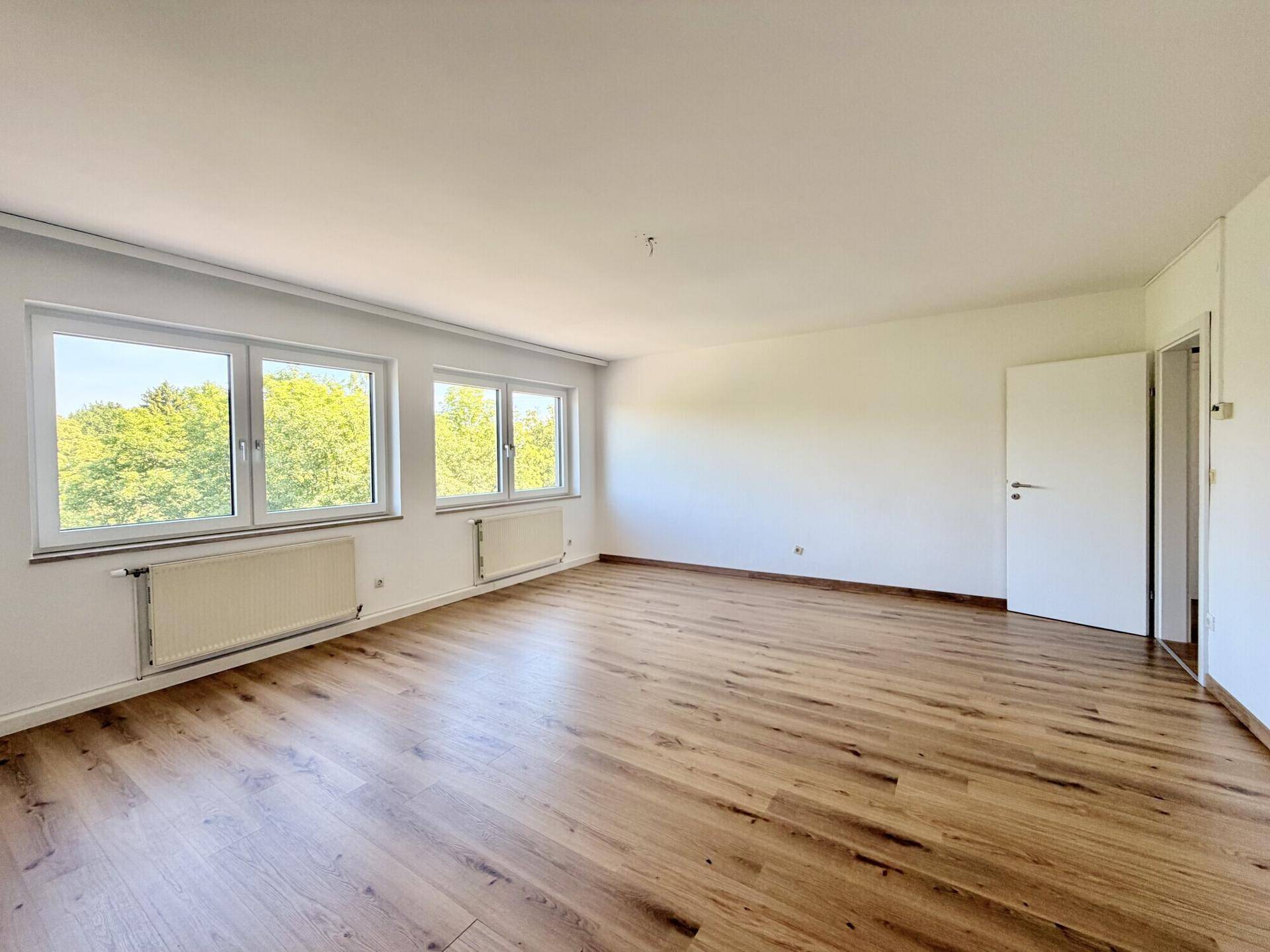 Geräumiges Zimmer mit Laminatboden, weißen Wänden und Zugang zu weiteren Räumen.