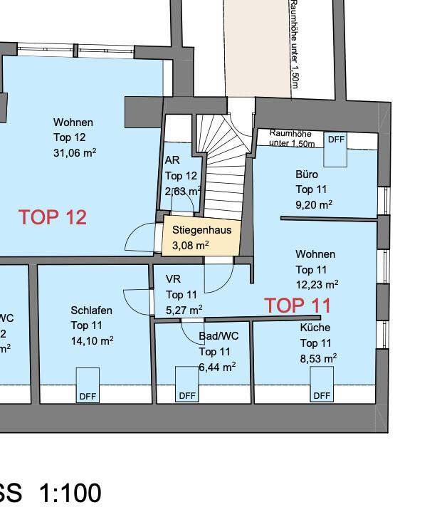 Detaillierter Grundriss der Dachgeschosswohnung mit Raumaufteilung und Flächenangaben.