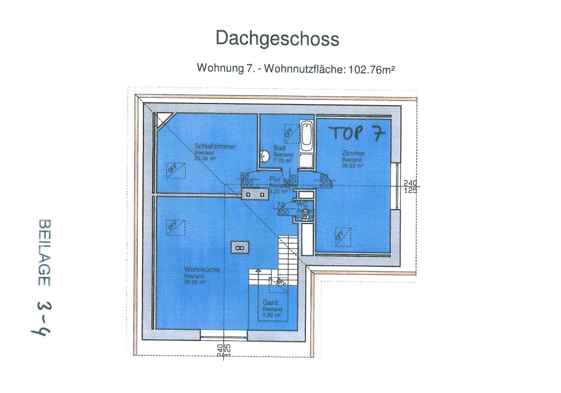 Grundriss des Dachgeschosses, Wohnung 7, mit einer Wohnnutzfläche von 102,76 m².