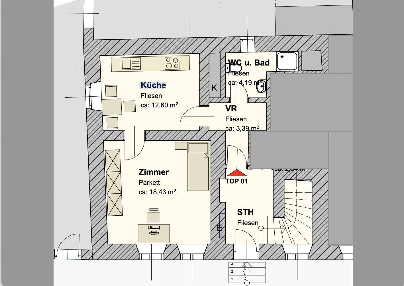 Grundriss der Wohnung mit Küche, Zimmer, WC und Bad sowie Treppenhaus.