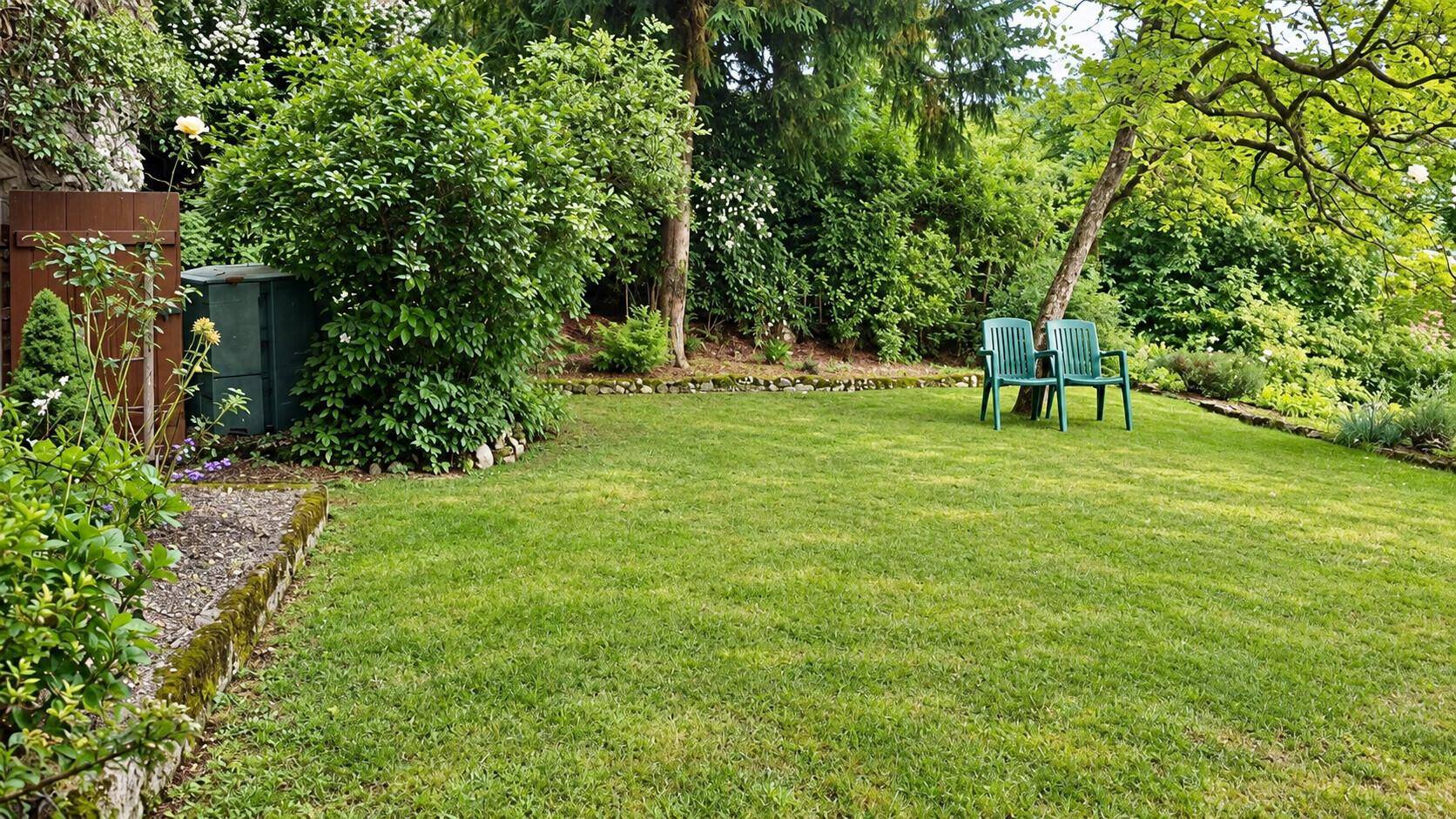 Gepflegter Garten mit Rasenfläche, Bäumen und zwei grünen Gartenstühlen zum Entspannen.