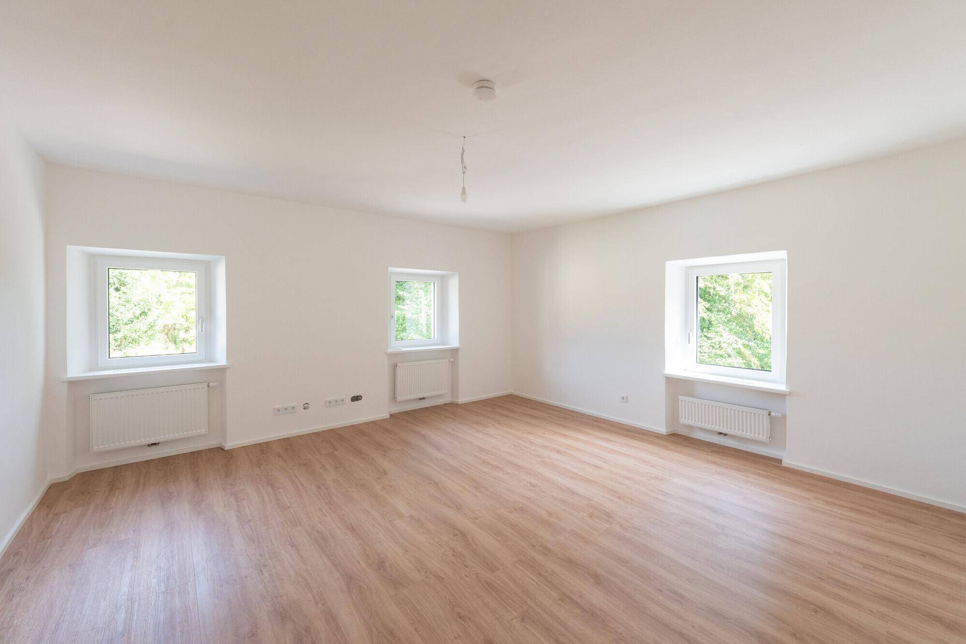 Heller, leerer Wohnraum mit Laminatboden und mehreren Fenstern, bereit zur individuellen Gestaltung.