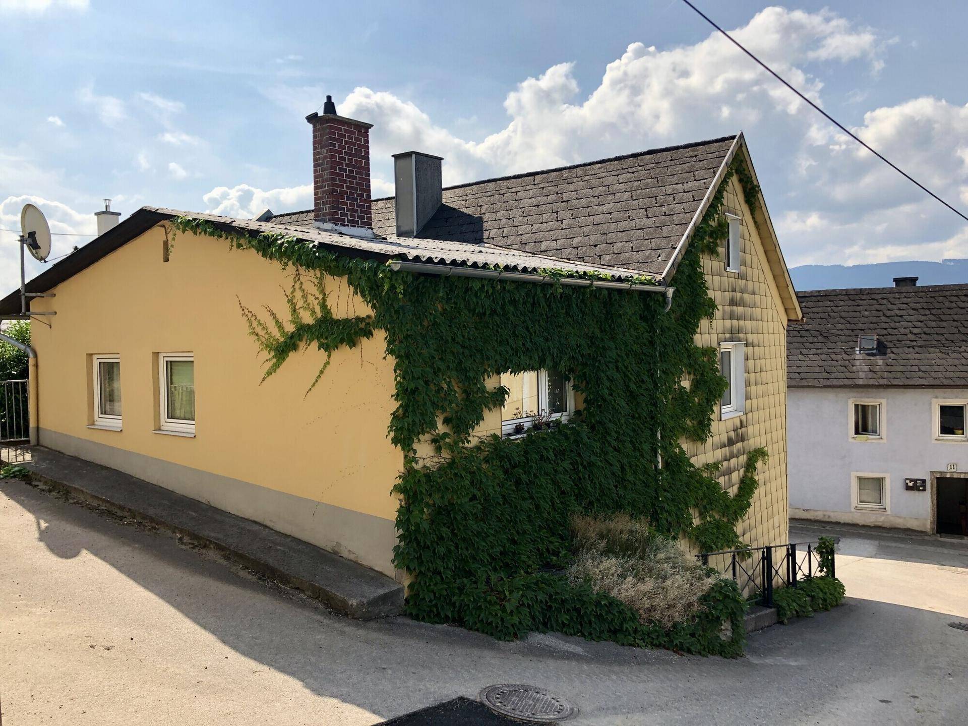 Rückansicht des Hauses mit Efeubewuchs an der Fassade und Schrägdach.