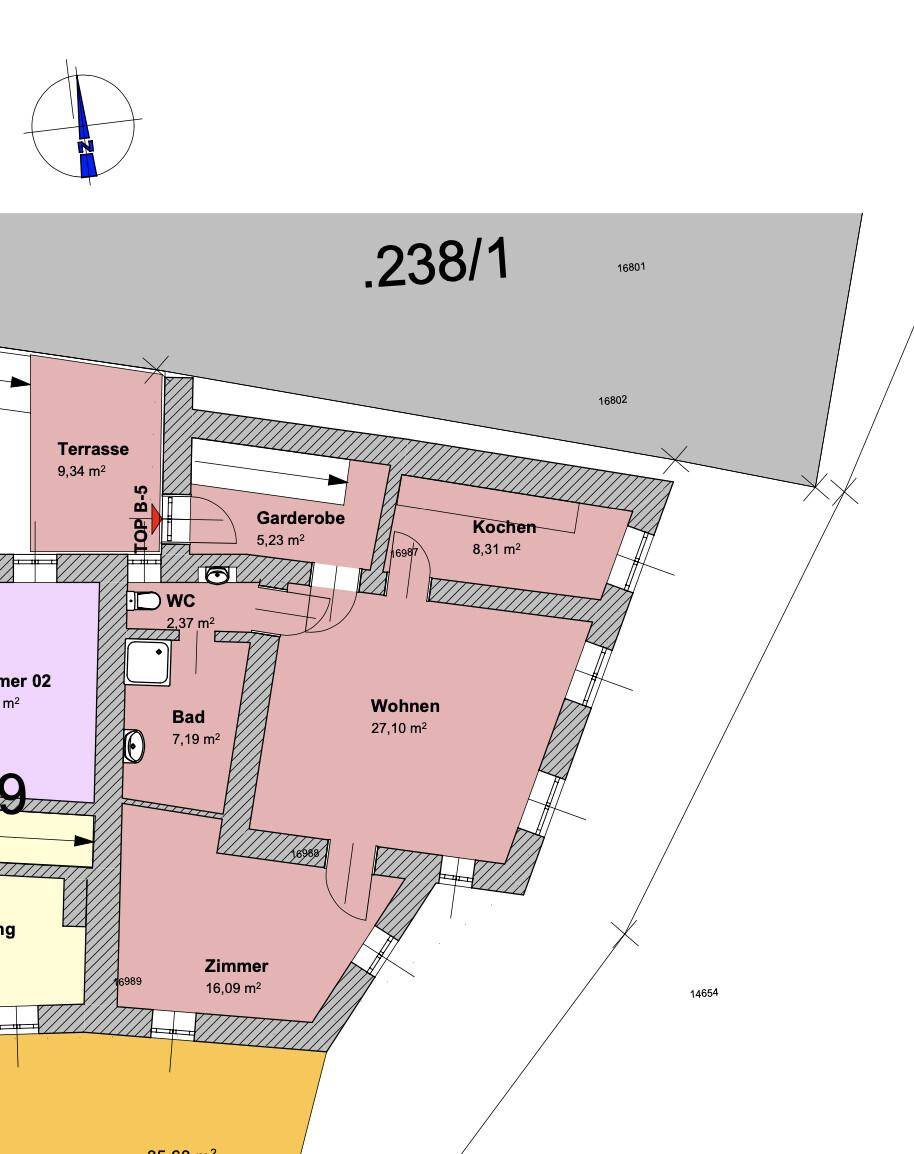 Grundriss des Erdgeschosses mit Wohnbereich, Küche, Bad und Terrasse.