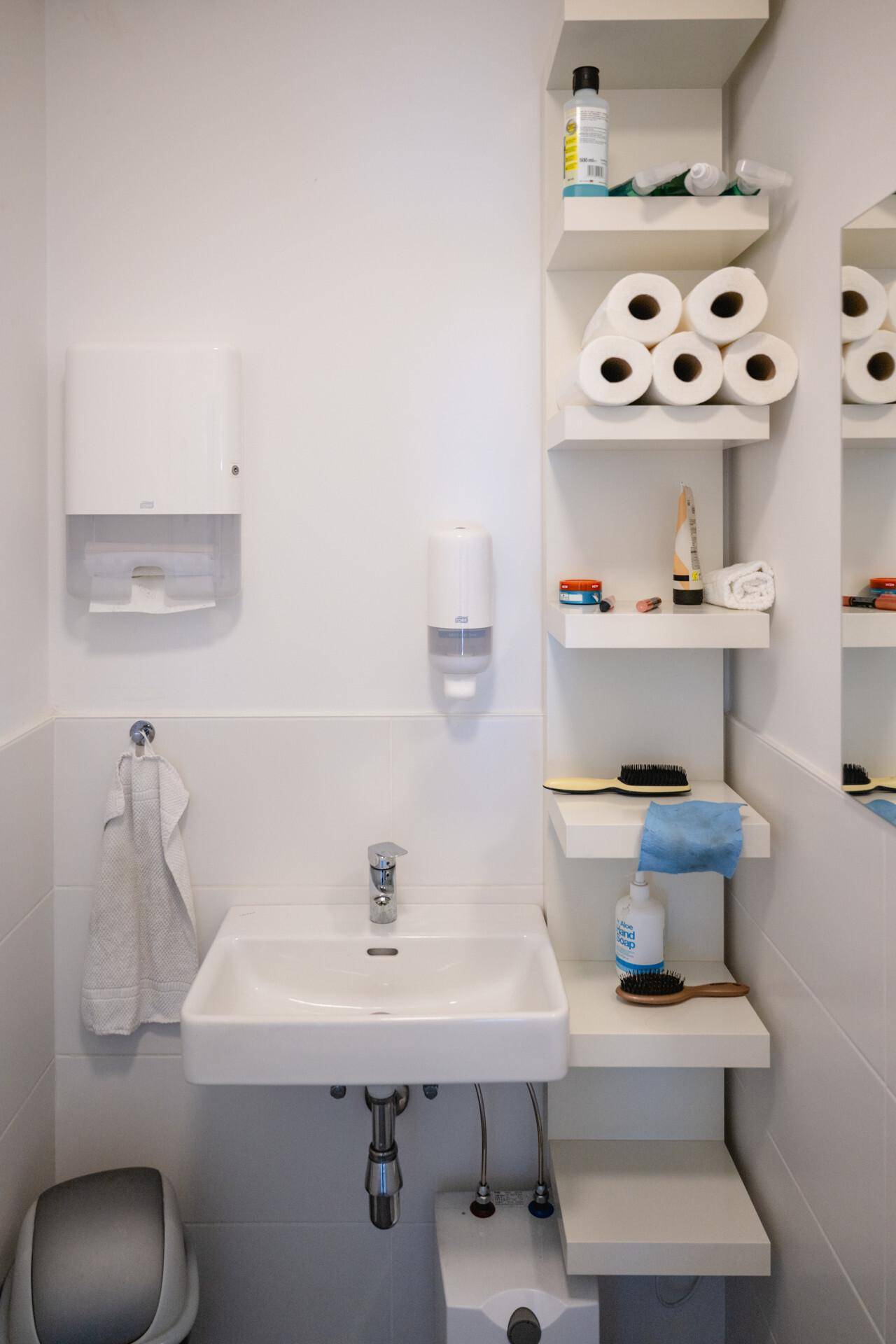 Sauberes, modernes WC mit Waschbecken, Spiegel und praktischen Wandregalen für Hygieneartikel.