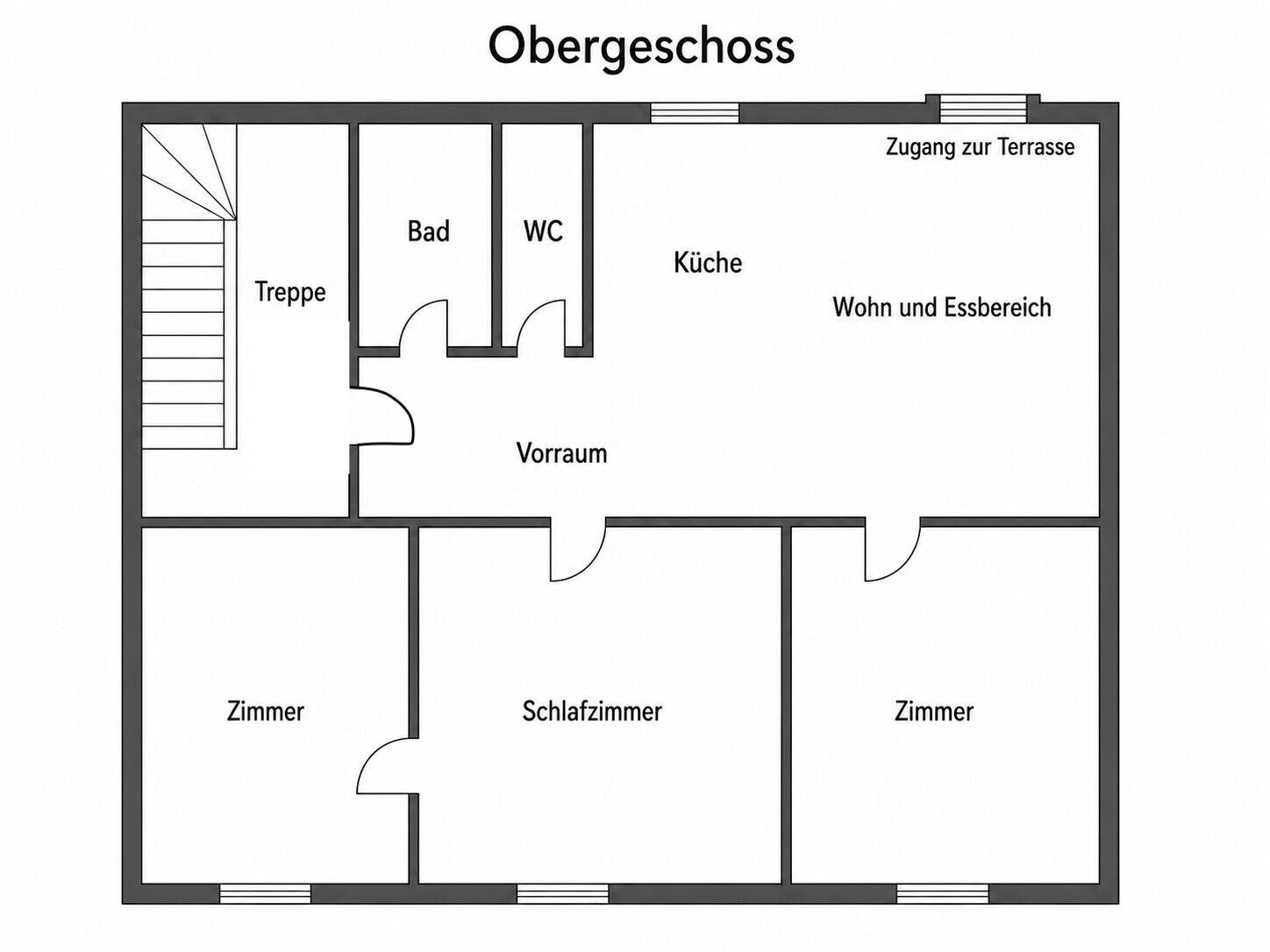 Grundriss des Obergeschosses mit Wohn- und Essbereich, Küche, Bad, WC und Zugang zur Terrasse.