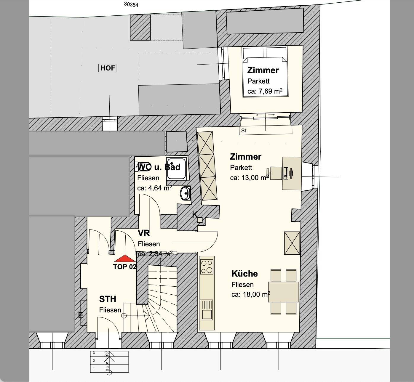 Grundriss der Wohnung mit Zimmern, Bad, Küche und Treppenhaus.