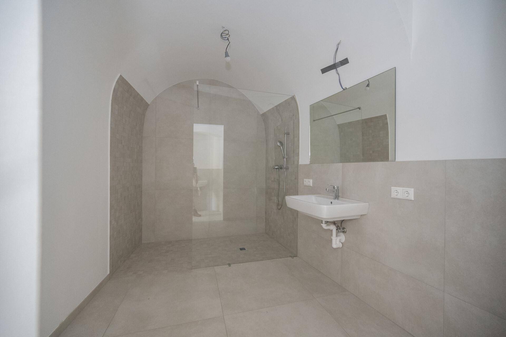 Modernes Badezimmer mit begehbarer Dusche, Einzelwaschbecken und gewölbter Decke.