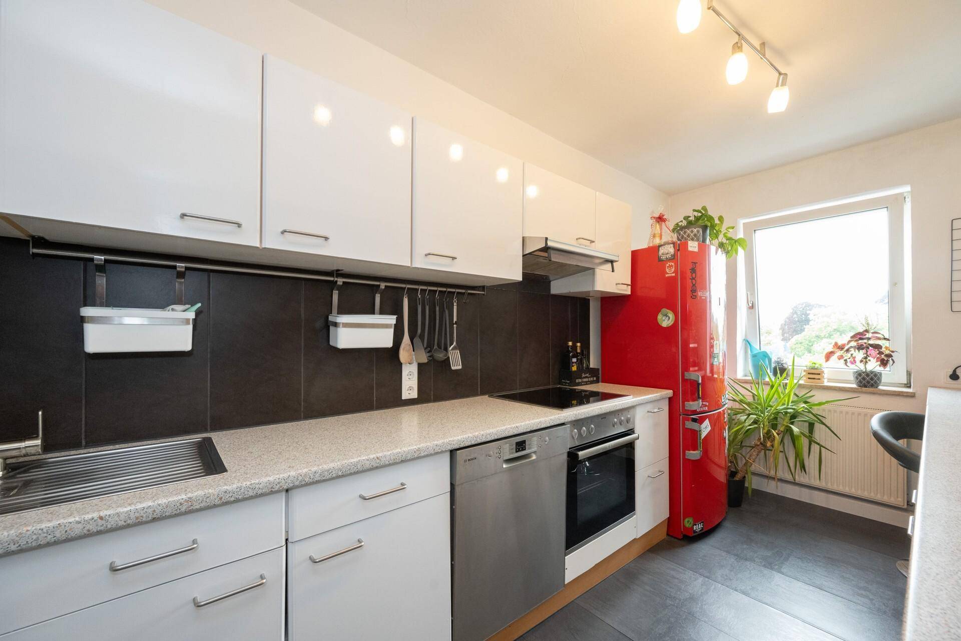 Moderne Küchenzeile mit Spüle, Geschirrspüler, Backofen und Induktionskochfeld.