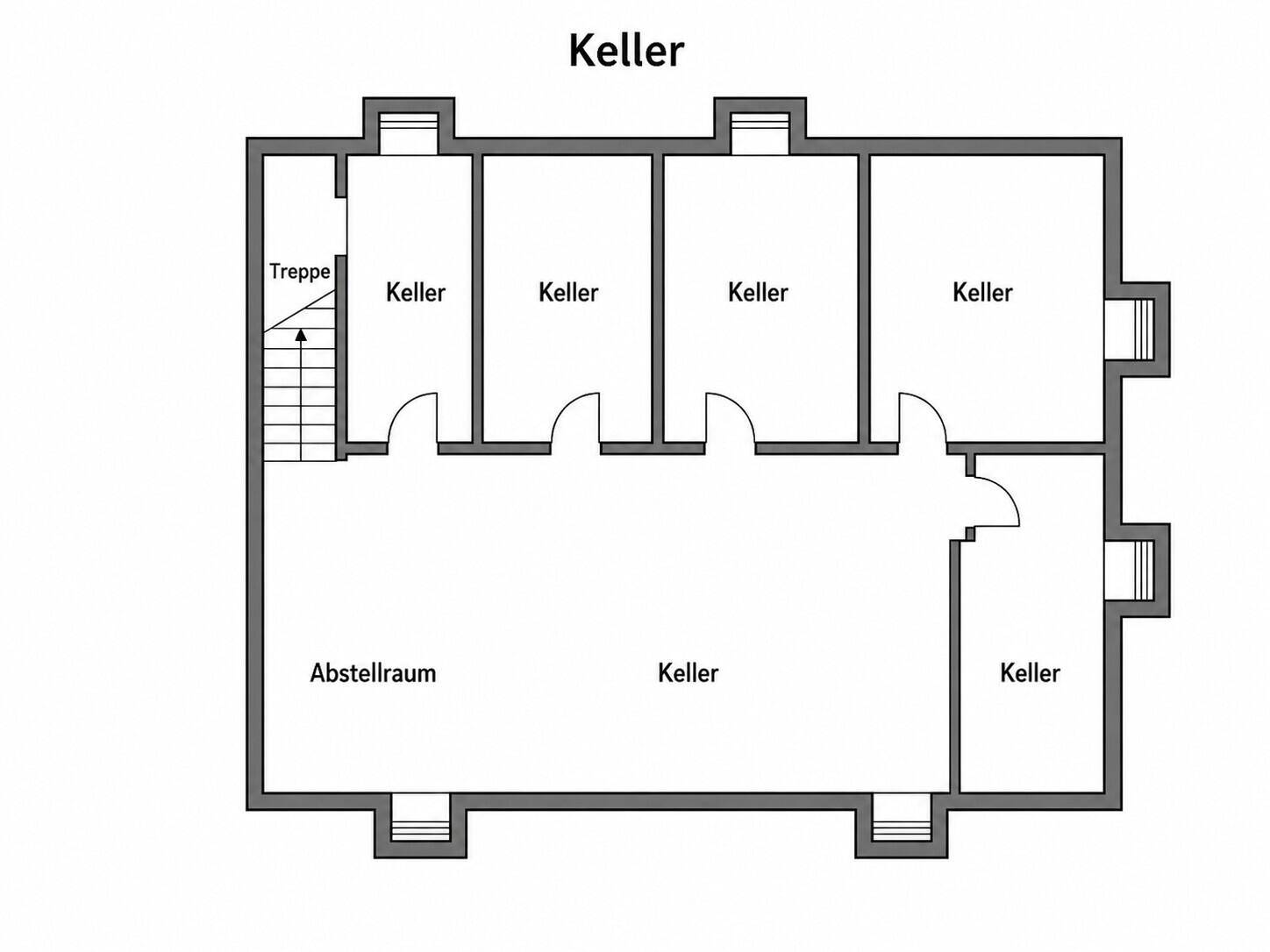 Grundriss des Kellers mit mehreren Kellerräumen und einem Abstellraum.