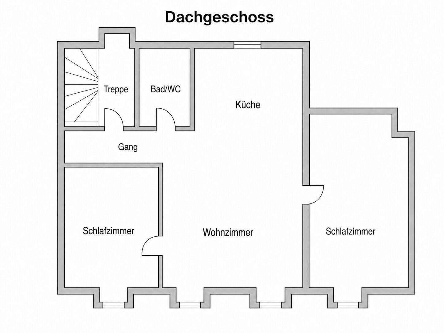Grundriss des Dachgeschosses mit Wohnzimmer, zwei Schlafzimmern, Bad/WC und Küche.