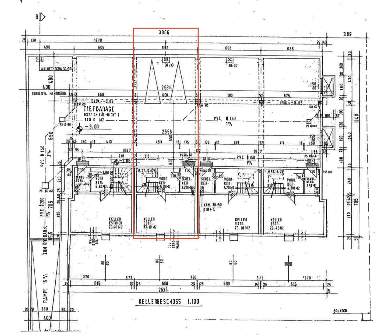 Grundriss des Kellergeschosses mit Kellerräumen und Tiefgaragenzugang.