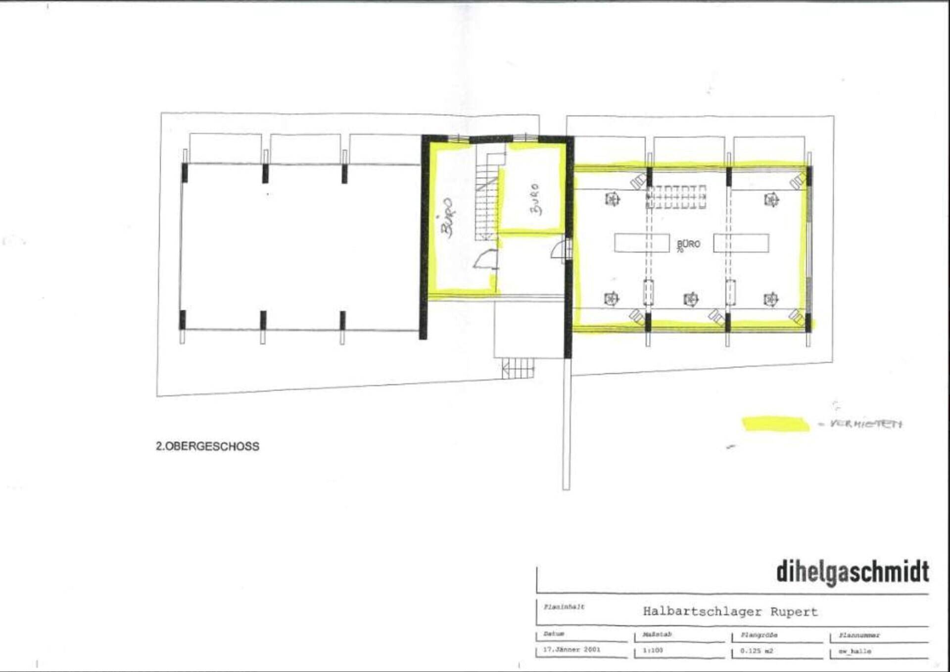Grundriss des zweiten Obergeschosses mit weiteren Büroräumen.