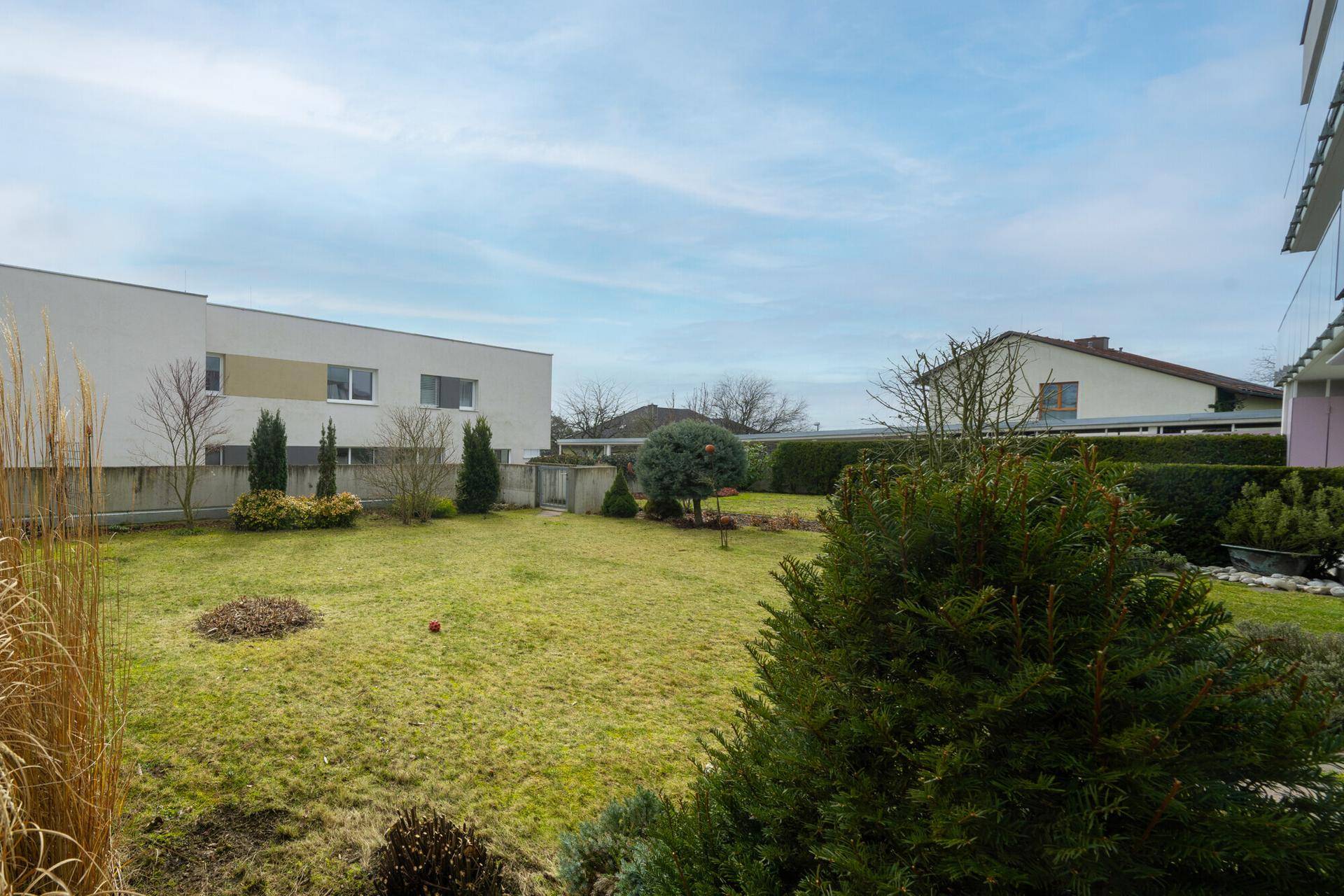 Großer, gepflegter Garten mit Rasenfläche und verschiedenen Sträuchern in der Wohnanlage.