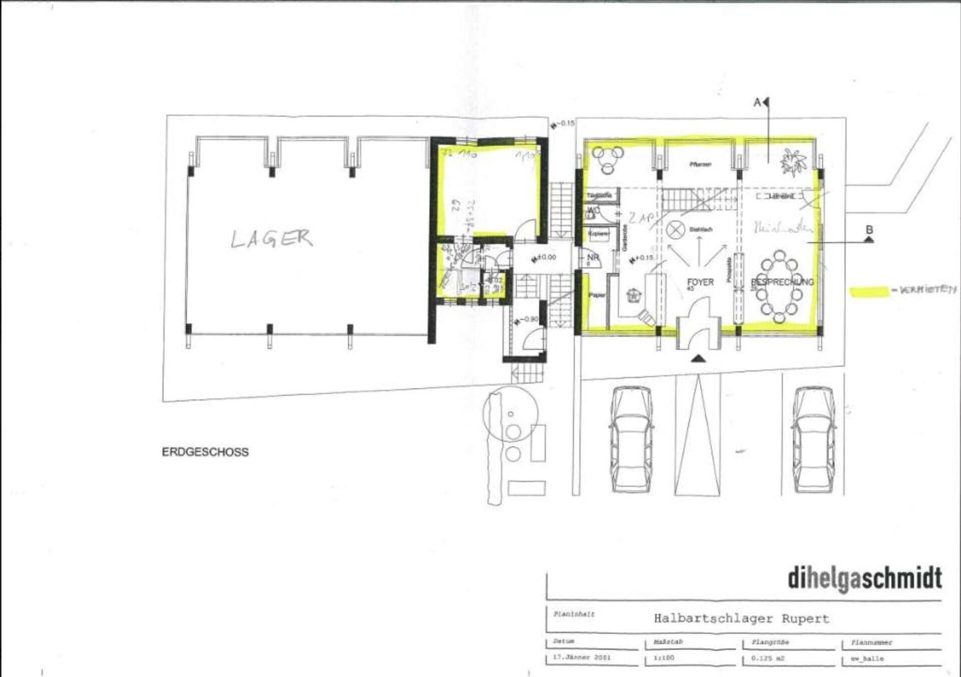 Grundriss des Erdgeschosses mit Lagerbereich, Foyer und Büroräumen.