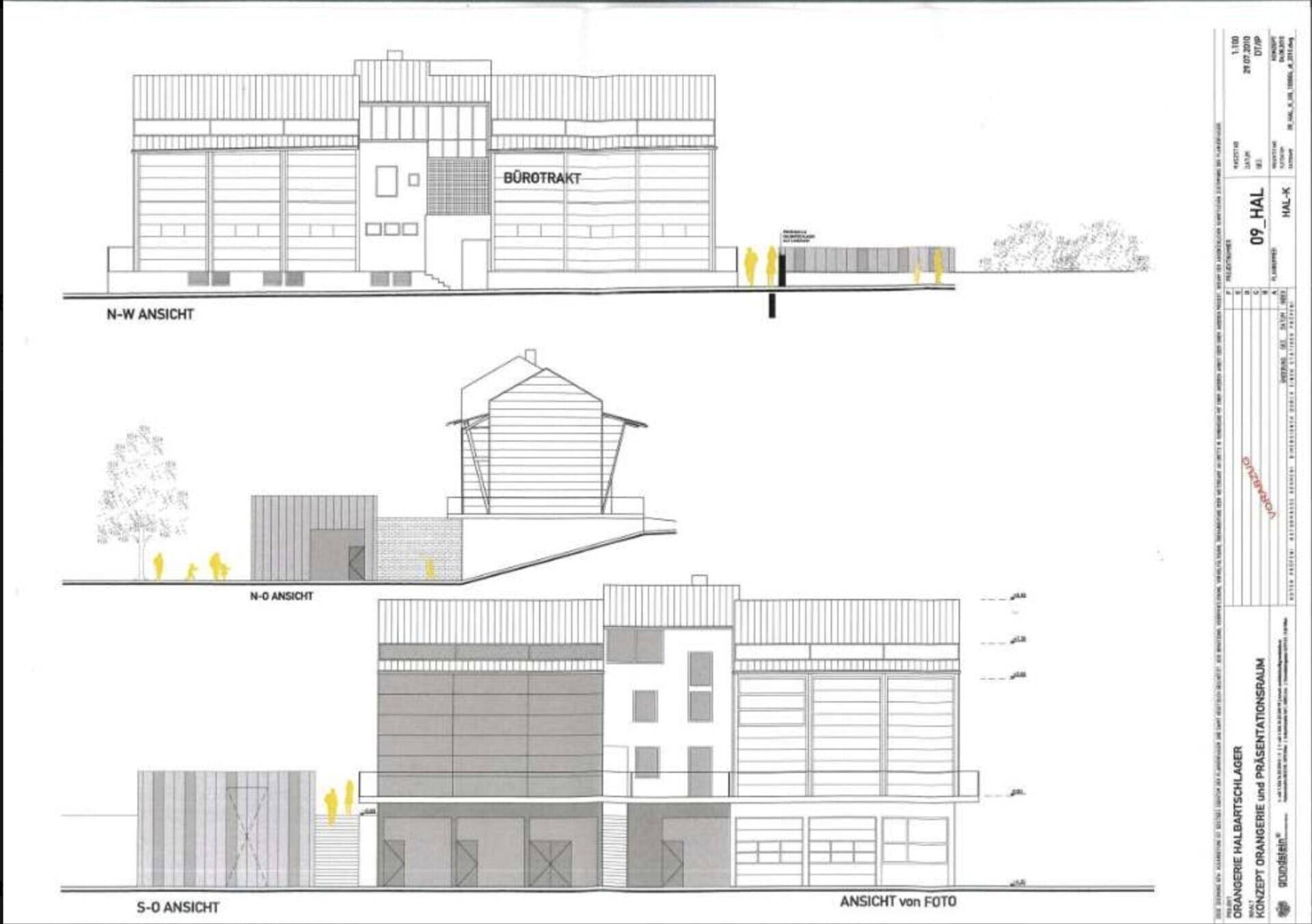 Architektonische Ansichten des Gebäudes von verschiedenen Seiten.