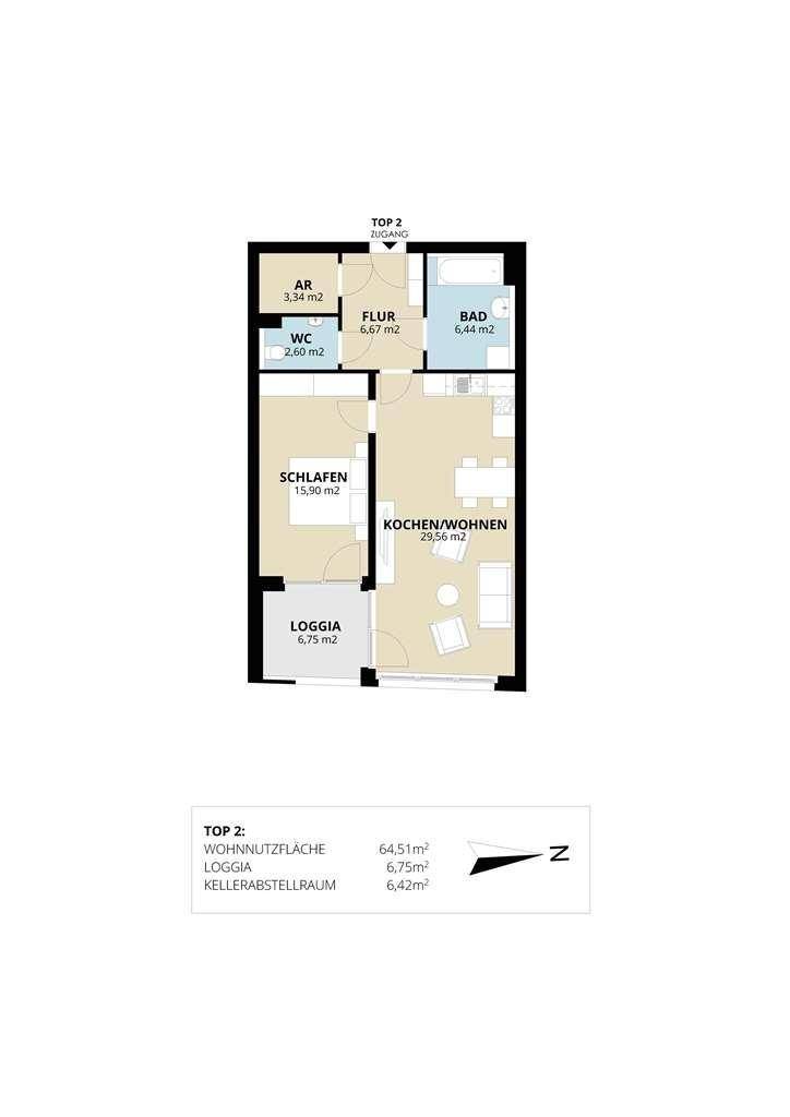 Grundriss einer Wohnung mit offenem Wohnbereich, einem Schlafzimmer und Loggia.