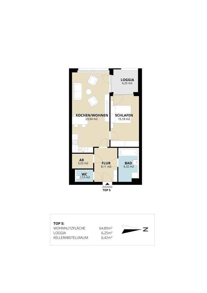 Grundriss einer modernen Wohnung mit offenem Wohnbereich, Schlafzimmer, Bad und Loggia.