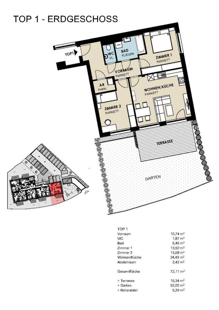Grundriss der Erdgeschosswohnung TOP 1 mit zwei Schlafzimmern, offenem Wohn-/Kochbereich, Terrasse und Garten.