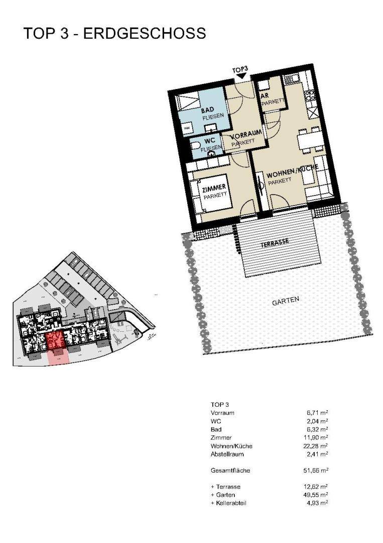Grundriss der Erdgeschosswohnung TOP 3 mit offenem Wohn-/Küchenbereich, Schlafzimmer, Bad, separatem WC, Terrasse und Garten.