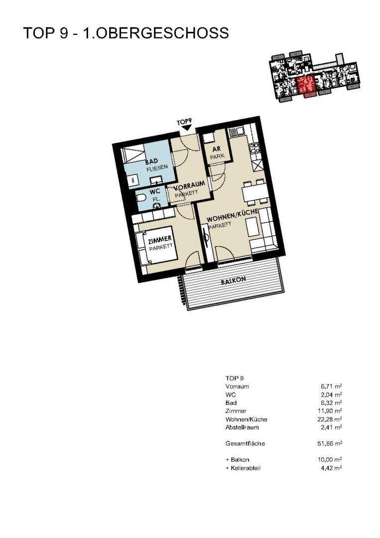 Grundriss der Wohnung Top 9 im 1. Obergeschoss mit offenem Wohn-/Küchenbereich und Balkon.