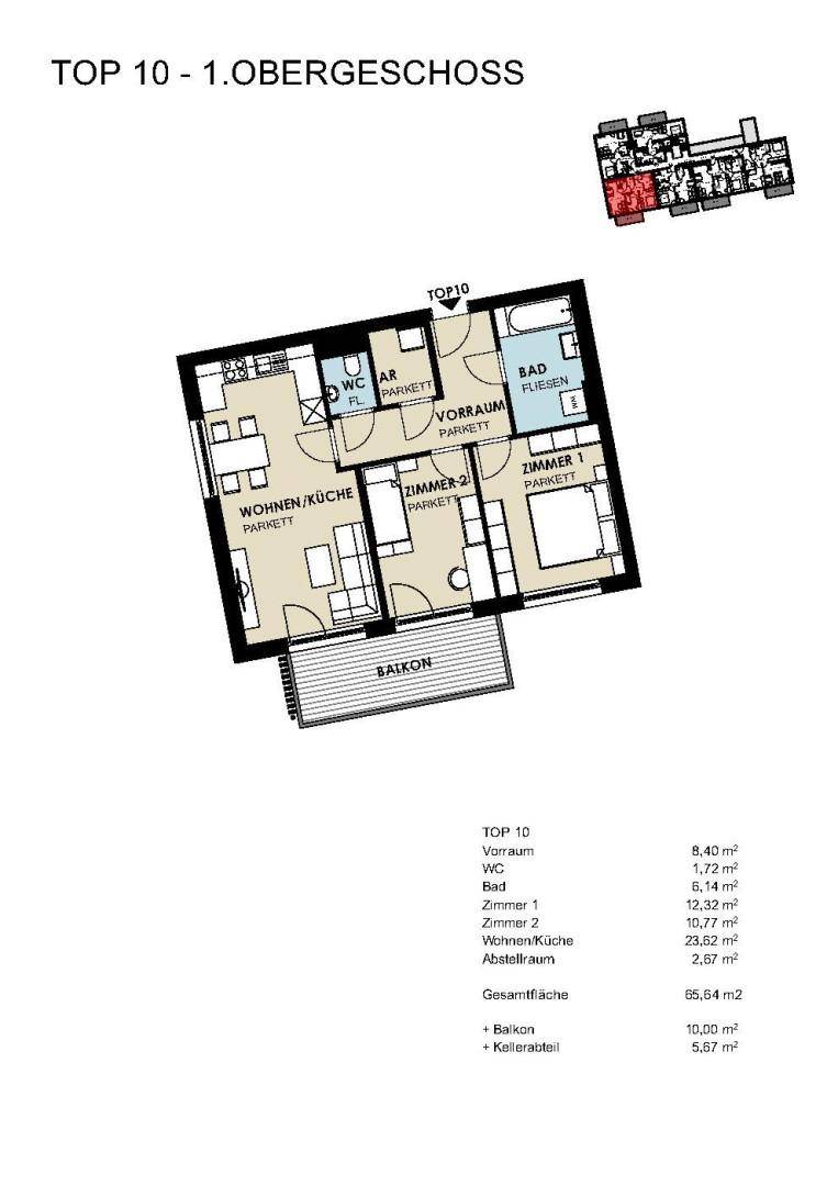 Grundriss der Wohnung TOP 10 im 1. Obergeschoss mit offenem Wohn-/Kochbereich, zwei Zimmern und Balkon.