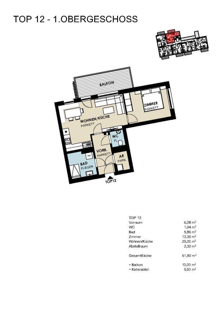 Grundriss des ersten Obergeschosses zeigt eine Wohnung mit offenem Wohn-/Kochbereich, einem Schlafzimmer und Balkon.