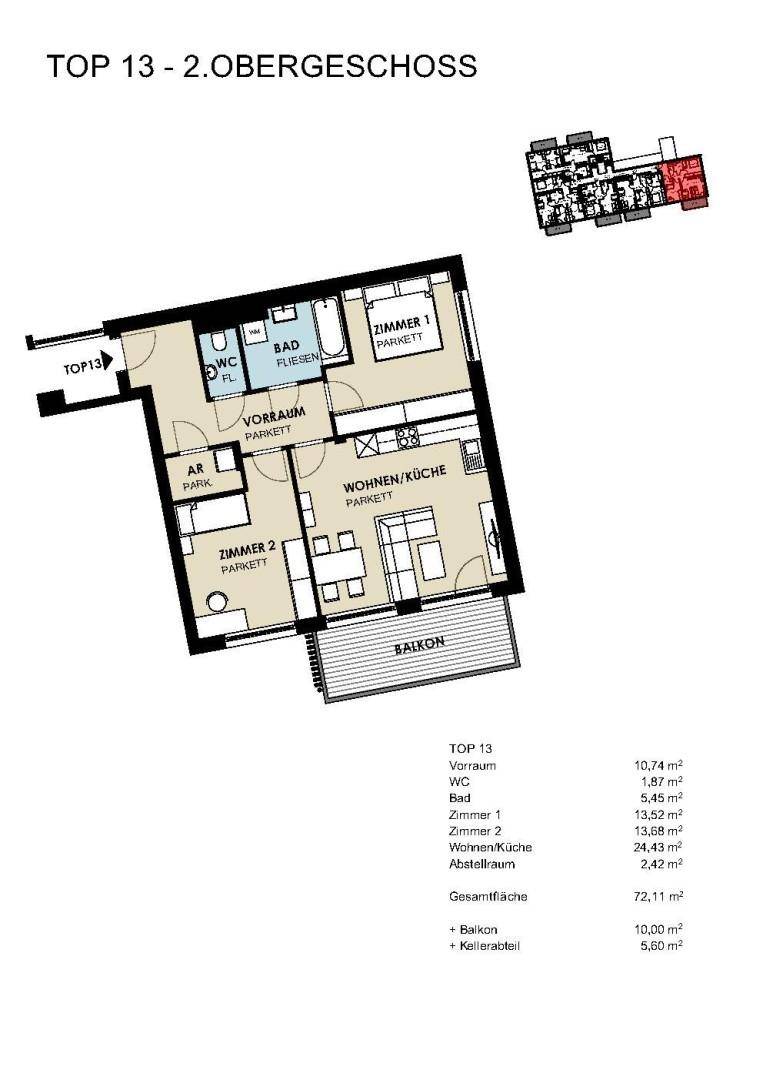 Grundriss der Wohnung TOP 13 im 2. Obergeschoss mit zwei Schlafzimmern, offenem Wohn-/Küchenbereich und Balkon.