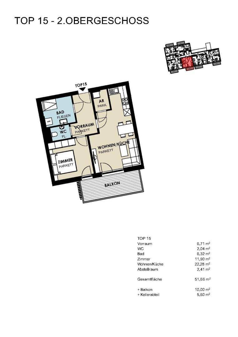 Grundriss der Wohnung TOP 15 im 2. Obergeschoss mit offenem Wohn-/Küchenbereich, Schlafzimmer und Balkon.