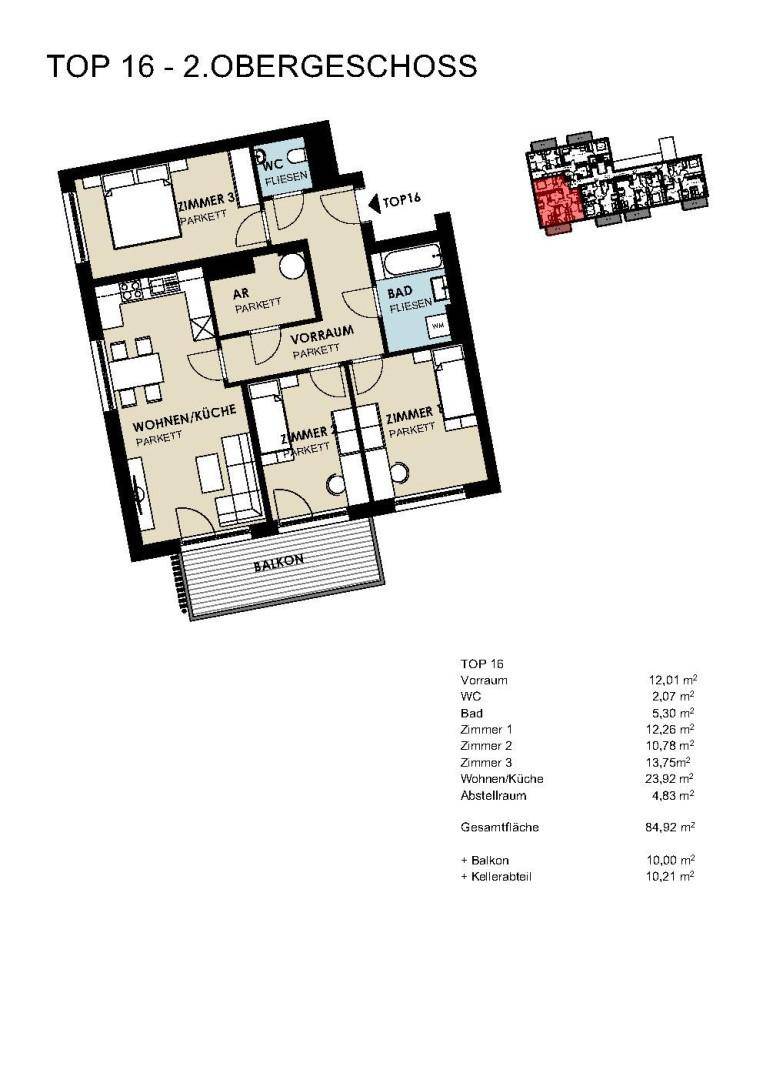 Grundriss der Wohnung TOP 16 im 2. Obergeschoss mit offenem Wohn-/Kochbereich und Balkon.