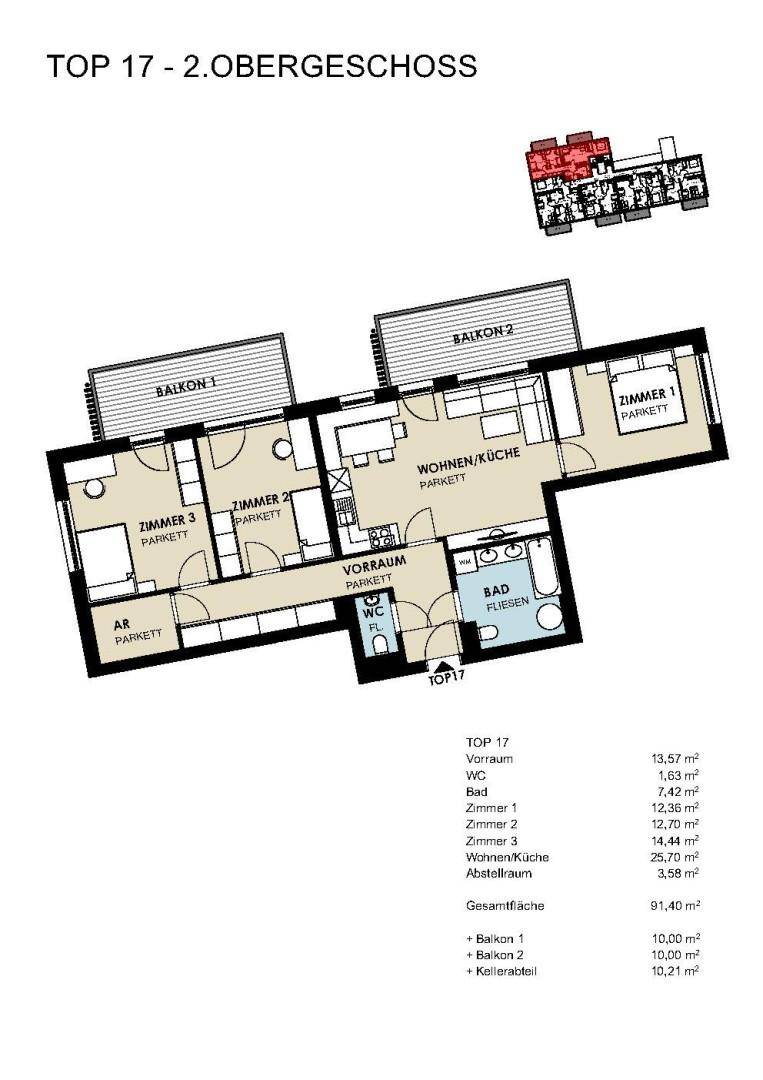 Grundriss der Wohnung TOP 17 im 2. Obergeschoss mit offenem Wohn-/Küchenbereich und zwei Balkonen.