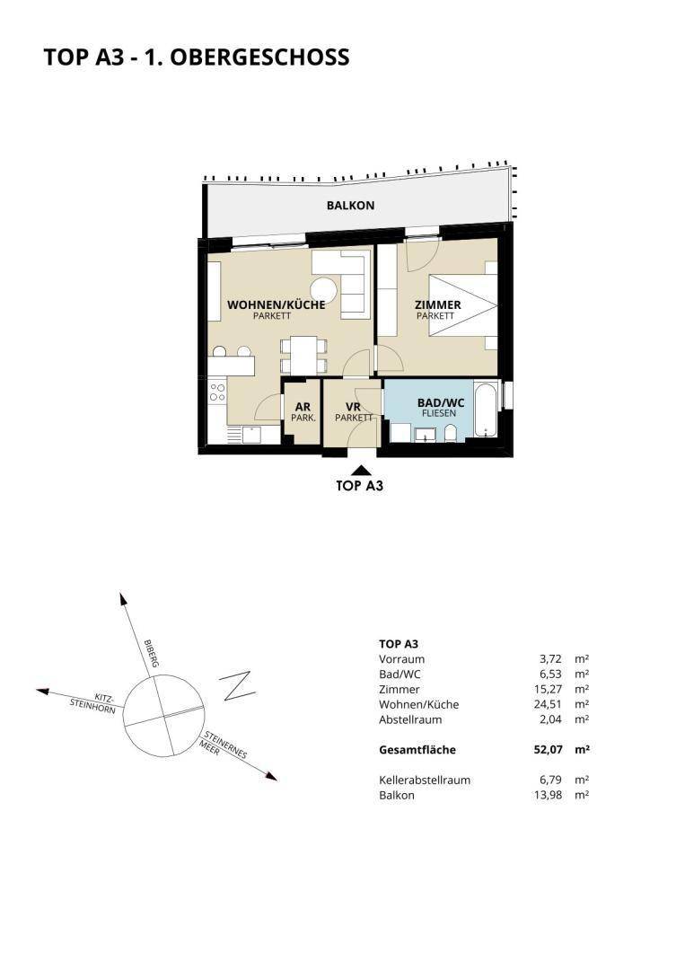 Grundriss der Wohnung TOP A3 im ersten Obergeschoss mit offenem Wohn-/Kochbereich und Balkon.