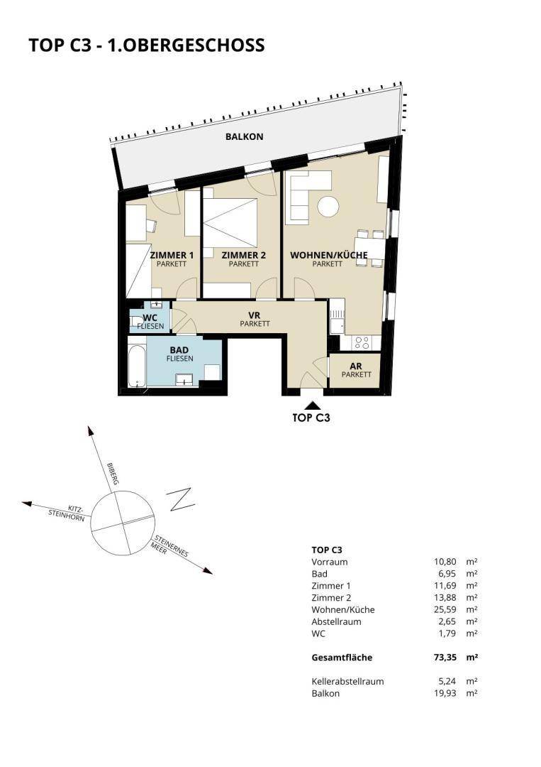 Grundriss der Wohnung TOP C3 im 1. Obergeschoss mit offenem Wohn-/Kochbereich und Balkon.