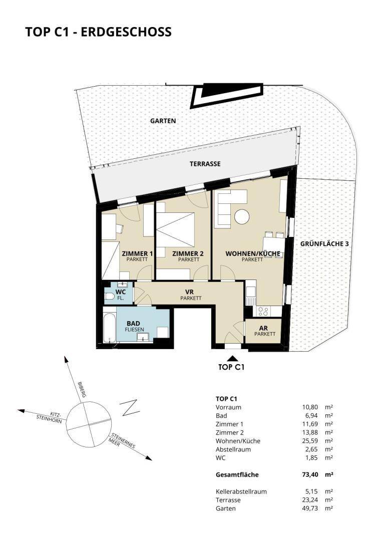 Grundriss einer Erdgeschosswohnung mit zwei Schlafzimmern, Wohnküche, Bad, WC, Terrasse und Garten.