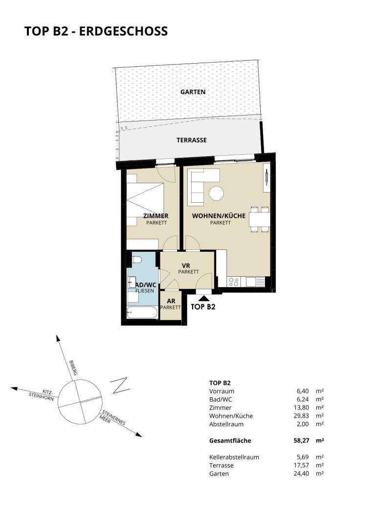 Grundriss des Erdgeschosses TOP B2 mit offener Wohnküche, Schlafzimmer, Bad, Terrasse und Garten.