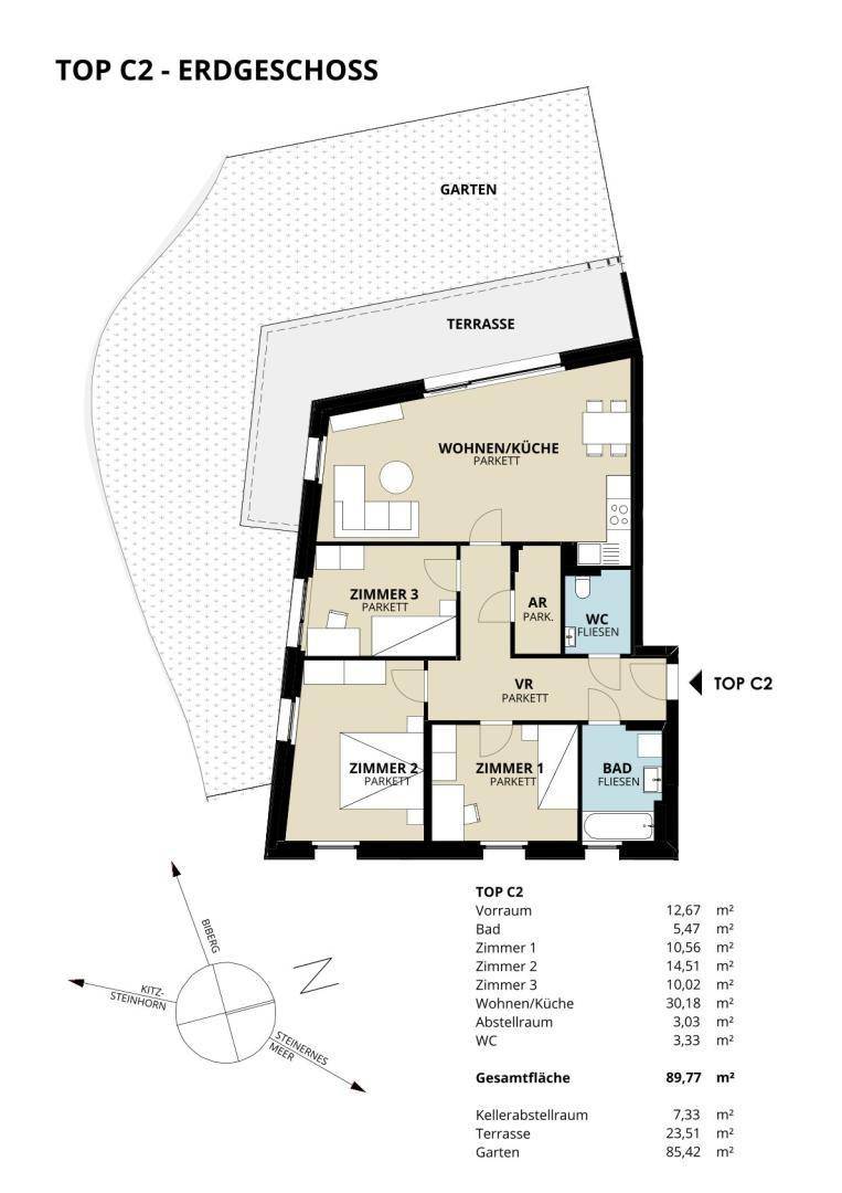 Grundriss des Erdgeschosses mit offenem Wohn-/Küchenbereich, drei Zimmern, Bad, WC und Zugang zu Terrasse und Garten.
